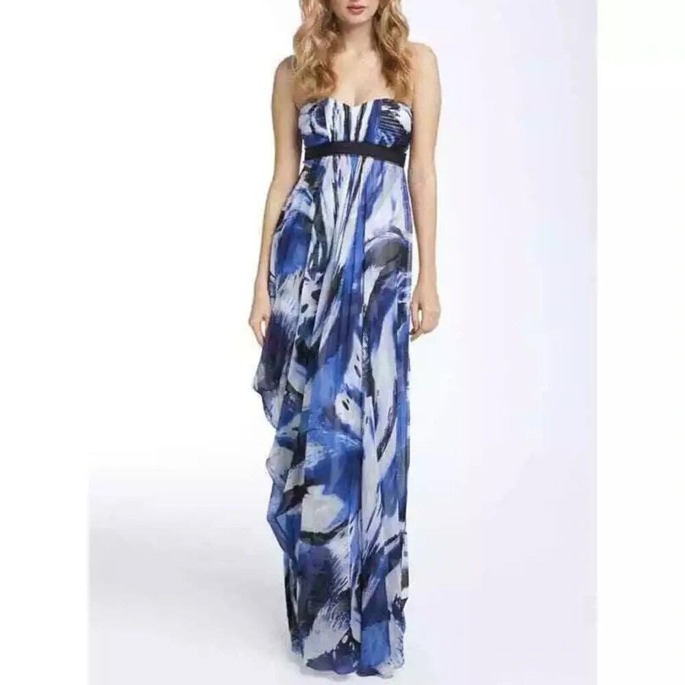 BCBGMAXAZRIA Blue Black Watercolor Silk Strapless Maxi Dress Sz 4